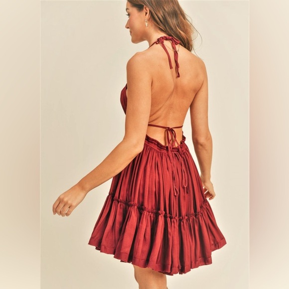 Black Halter Ruffle Mini Dress Small • Open Back • Fairycore Coachella Flowy Tie - Picture 7 of 14